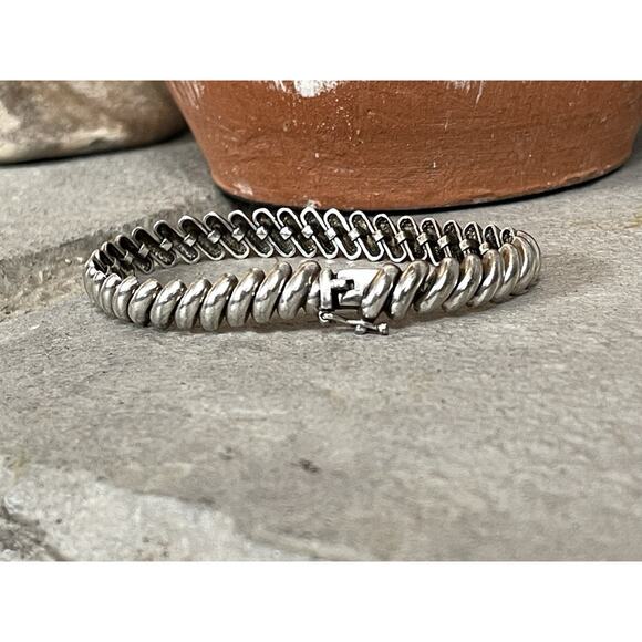 Vintage Sterling Silver Spiral Link Bracelet 7” Dome Twist 925 Box Clasp - Picture 5 of 13